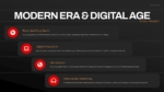 Modern Era and Digital Age presentation slide featuring recorded music, digital production, genre fusion, and music streaming in a professional timeline layout.