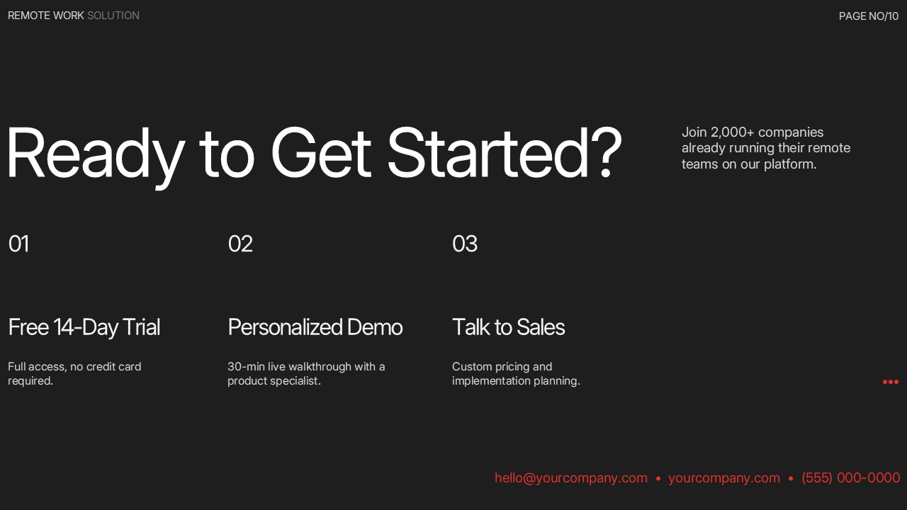Call to Action slide for a Remote Work Solution presentation featuring free trial, personalized demo, and sales contact options with a modern dark presentation design.