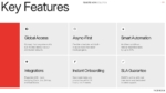 Key Features slide for a Remote Work Solution presentation highlighting global access, async-first collaboration, smart automation, integrations, instant onboarding, and SLA guarantee in a modern business layout.