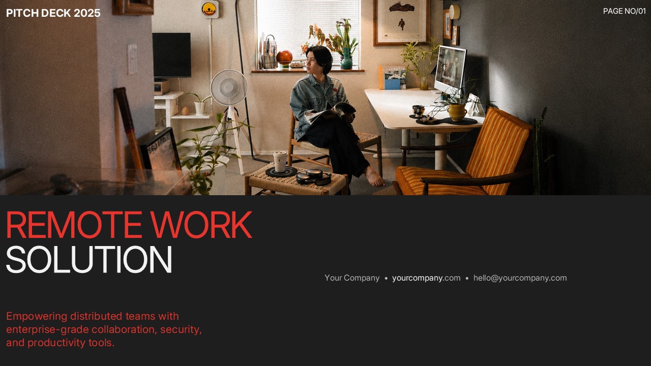 Cover slide of a Remote Work Solution pitch deck featuring a modern home office workspace with bold black, white, and red typography, designed for remote work, hybrid workplace, SaaS, technology, and business presentations.