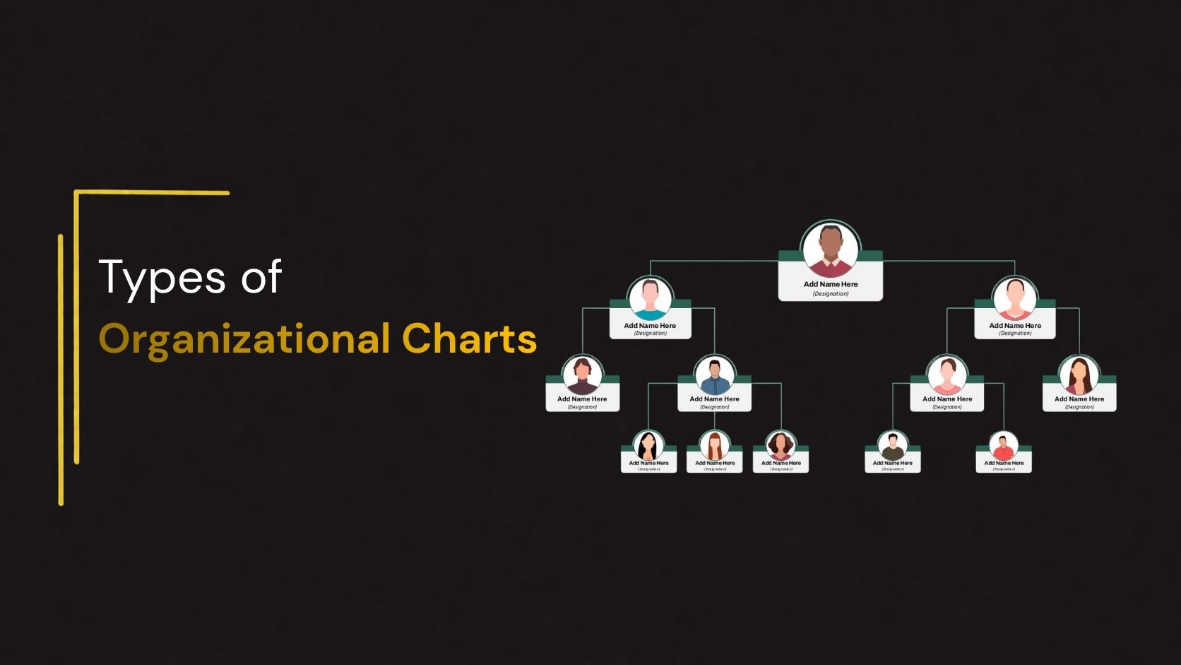 Illustration of different types of organizational charts showing a hierarchical company structure with leadership, managers, and team members connected through reporting lines.