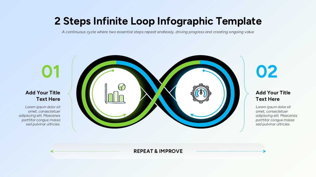 2-step infinite loop infographic showing a continuous repeat-and-improve process with two interconnected stages.