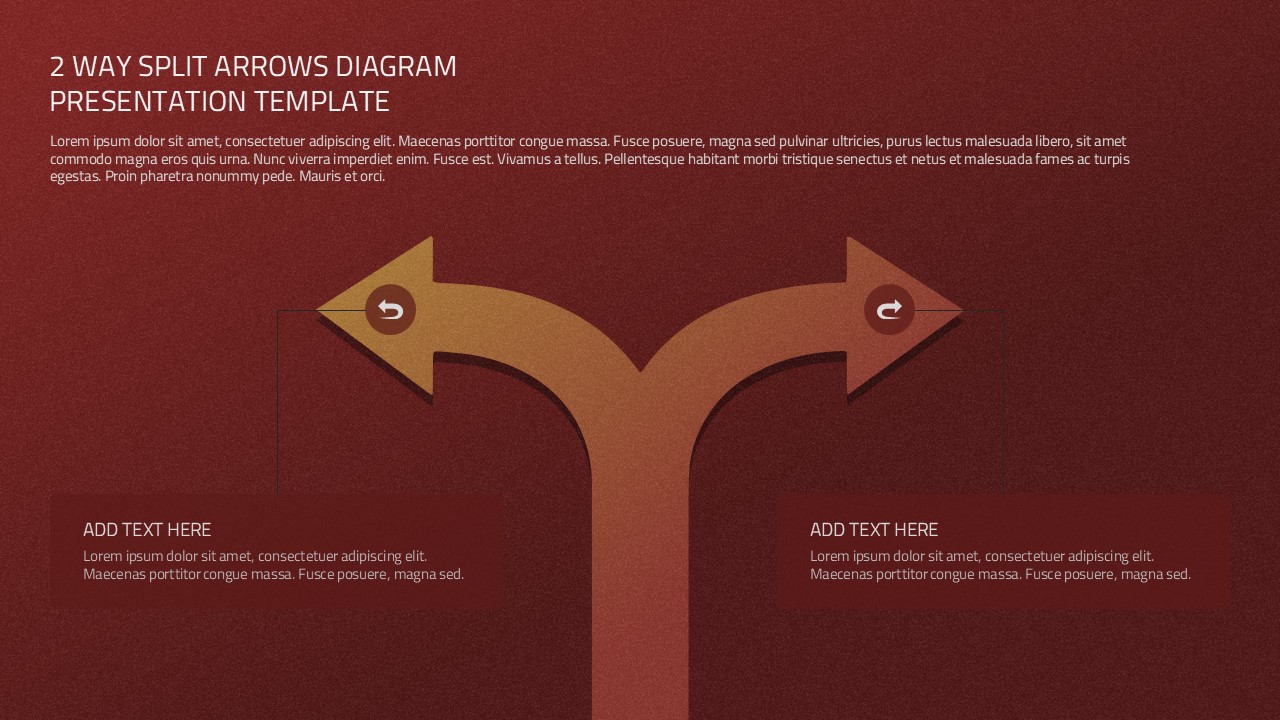 2 Way Split Arrows Diagram PowerPoint Template with editable curved arrows and text boxes for process and decision presentations.
