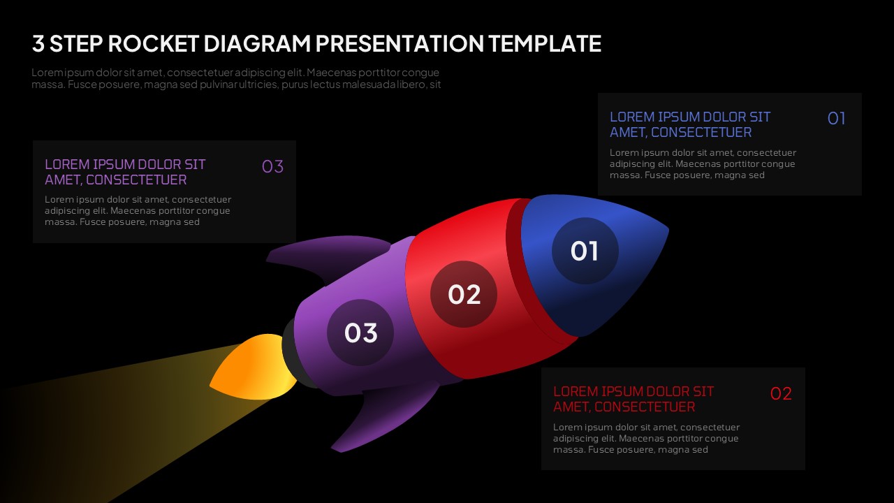 3 Step Rocket Diagram PowerPoint Template showing a colorful rocket with three numbered stages for presenting business processes, goals, growth strategies, and project milestones.