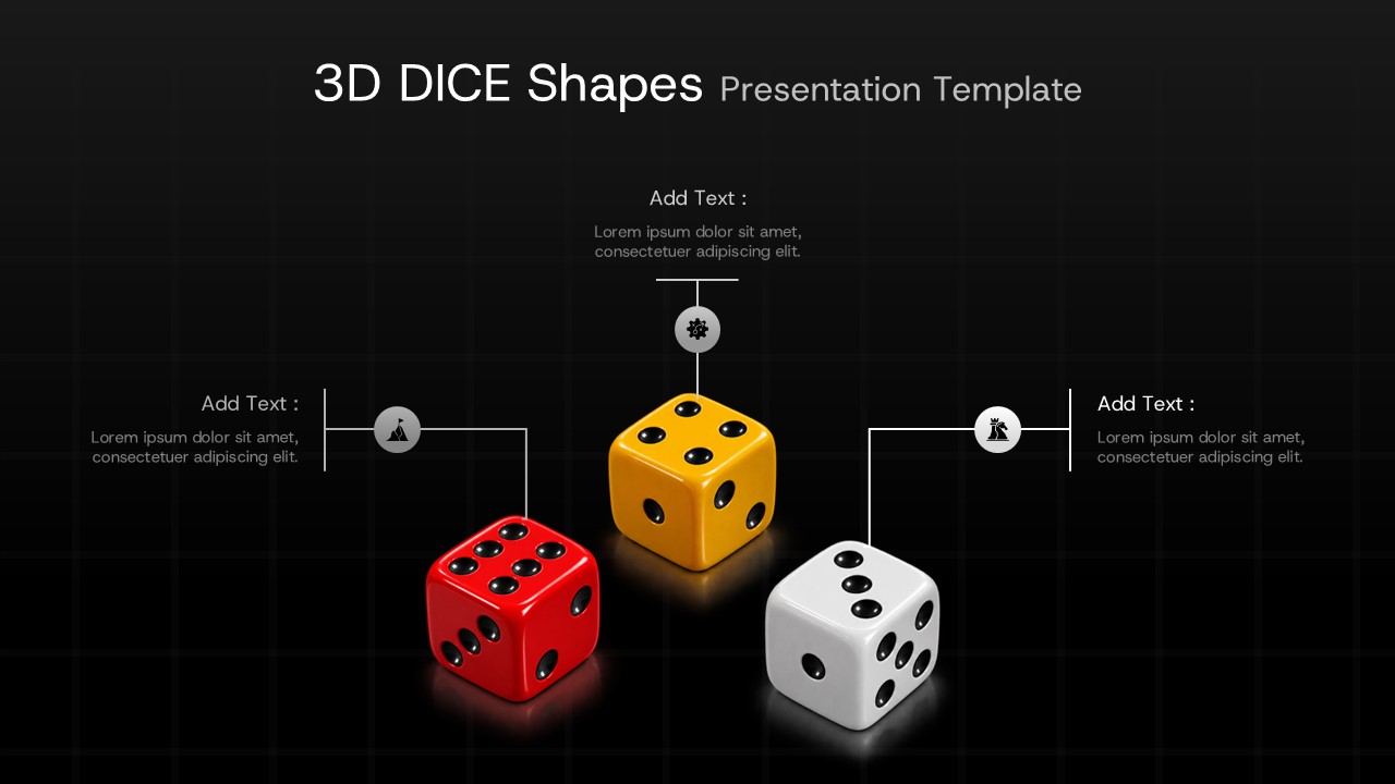 3D dice shapes presentation template with red, yellow, and white dice connected to editable text sections