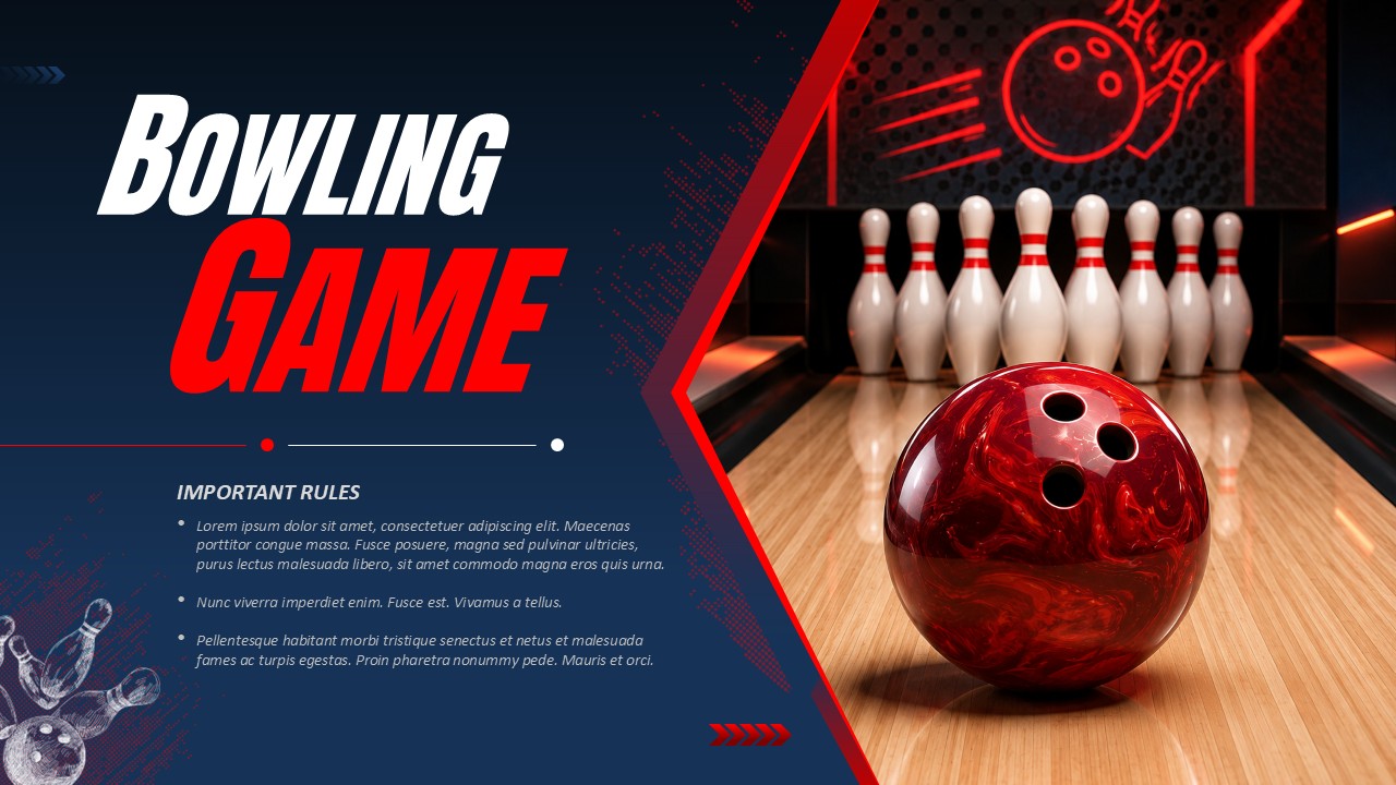 Bowling Game presentation template featuring a red bowling ball, bowling pins, and a modern dark blue and red sports-themed design.