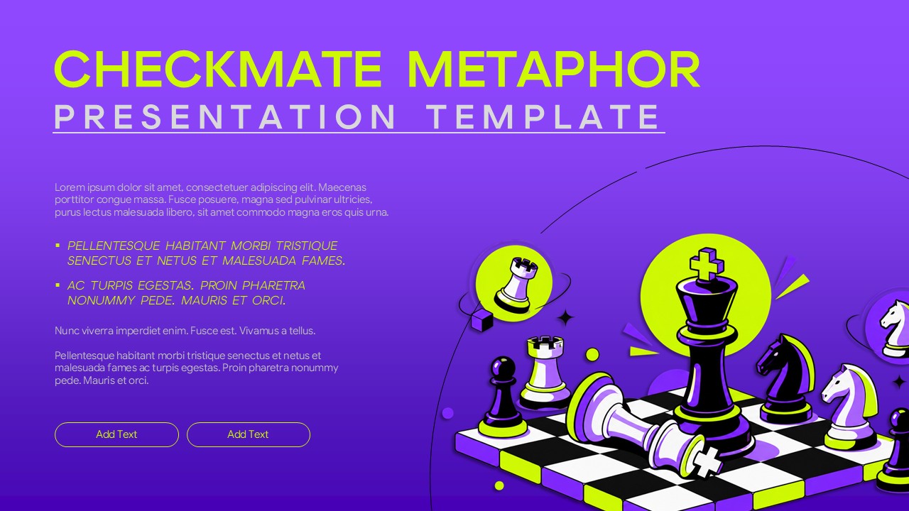 Checkmate Metaphor presentation template featuring a colorful chessboard, chess pieces, strategic visuals, and editable text areas.