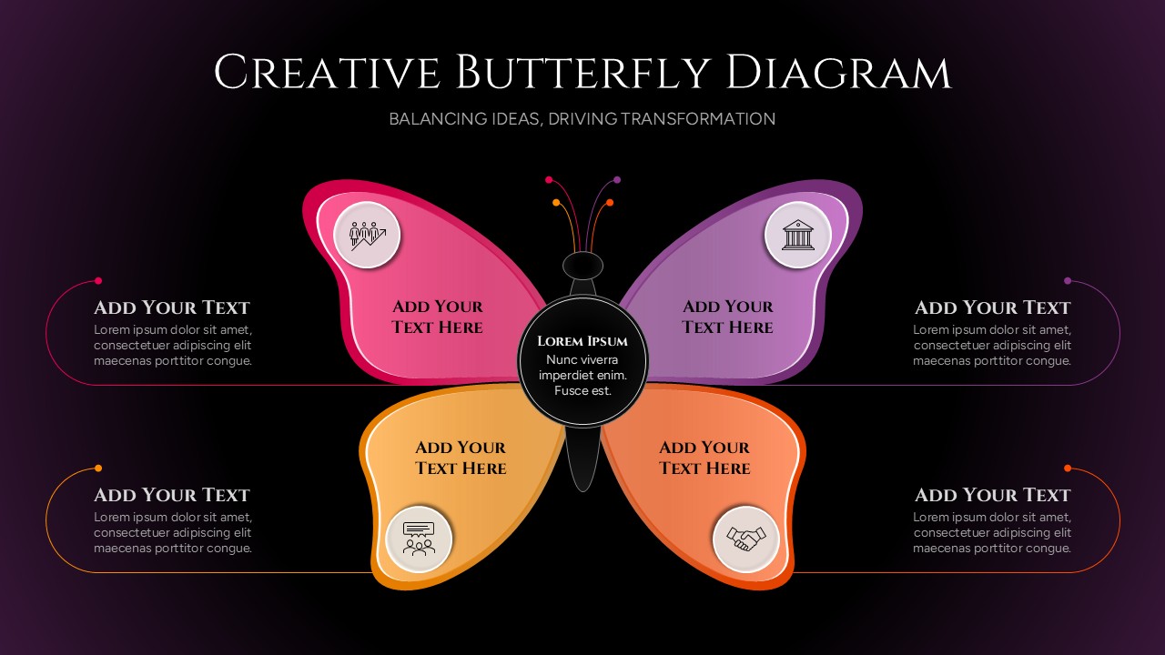 Creative butterfly diagram template illustrating four key elements connected to a central concept for strategy, transformation, growth, and innovation presentations.