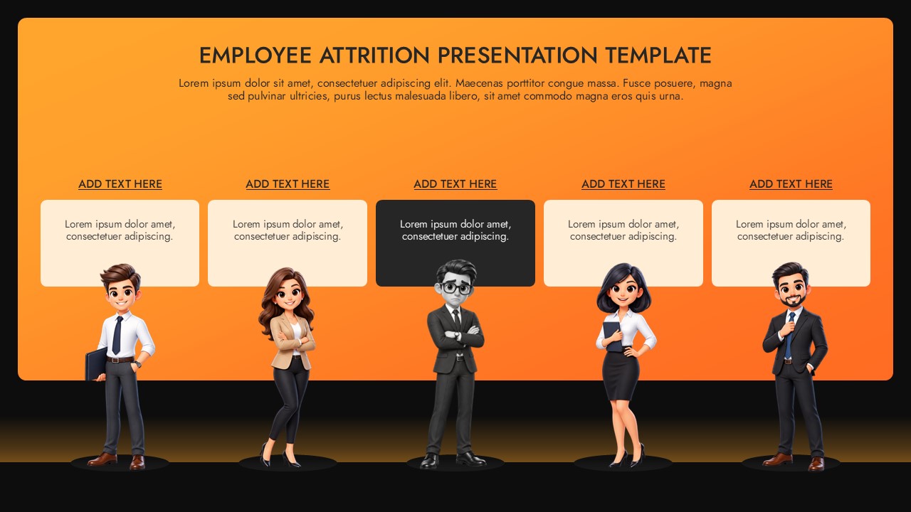 Employee Attrition Presentation Template featuring five illustrated business professionals, editable text sections, and a modern orange and black corporate design.
