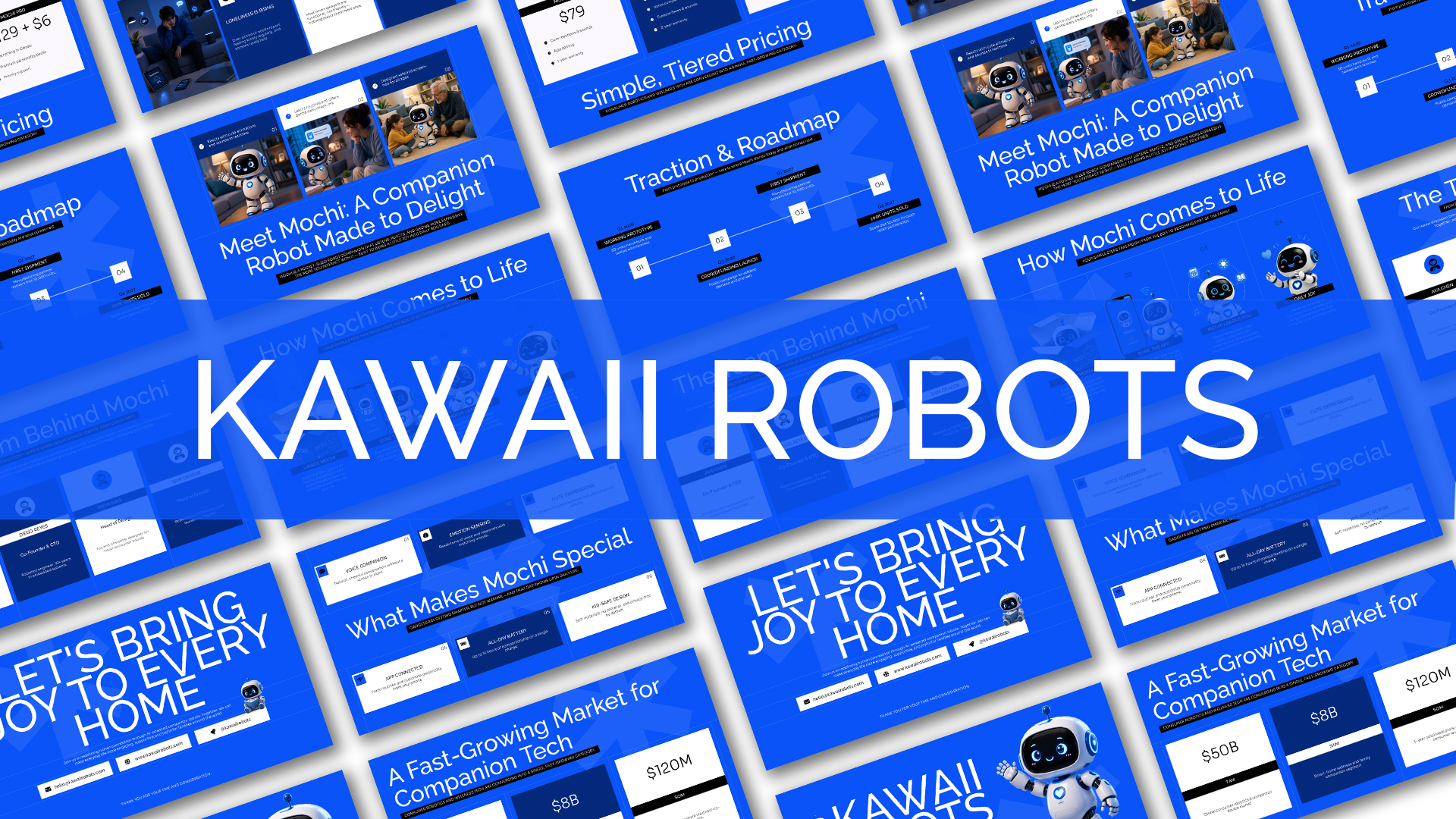 Kawaii Robots PowerPoint and Google Slides template featuring cute AI companion robots