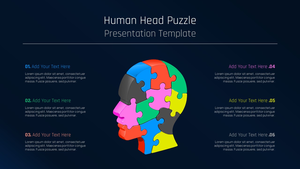 Human head puzzle presentation template with colorful interlocking pieces and six numbered text sections on a dark background.