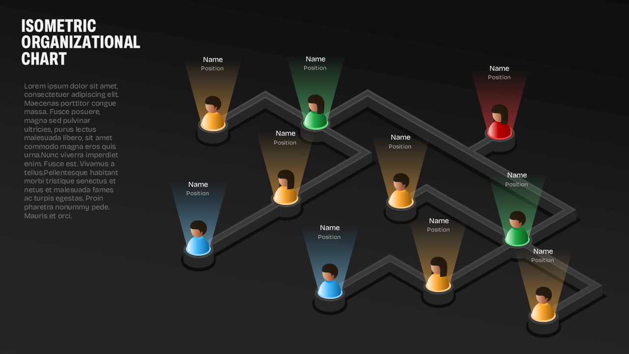 Isometric organizational chart presentation template with connected employee figures and positions