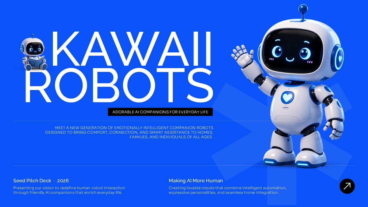Kawaii Robots presentation cover with a friendly AI companion robot