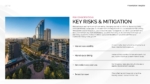 Real estate investment risk analysis slide showing key risks and corresponding mitigation strategies