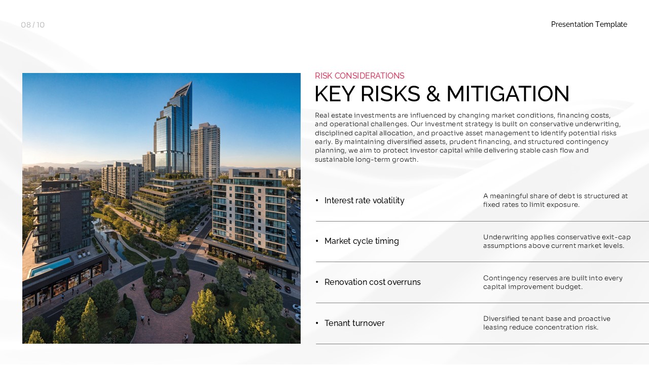 Real estate investment risk analysis slide showing key risks and corresponding mitigation strategies