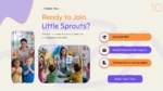 Kindergarten contact and enrollment slide with phone, email, location, tour information, and call to action.