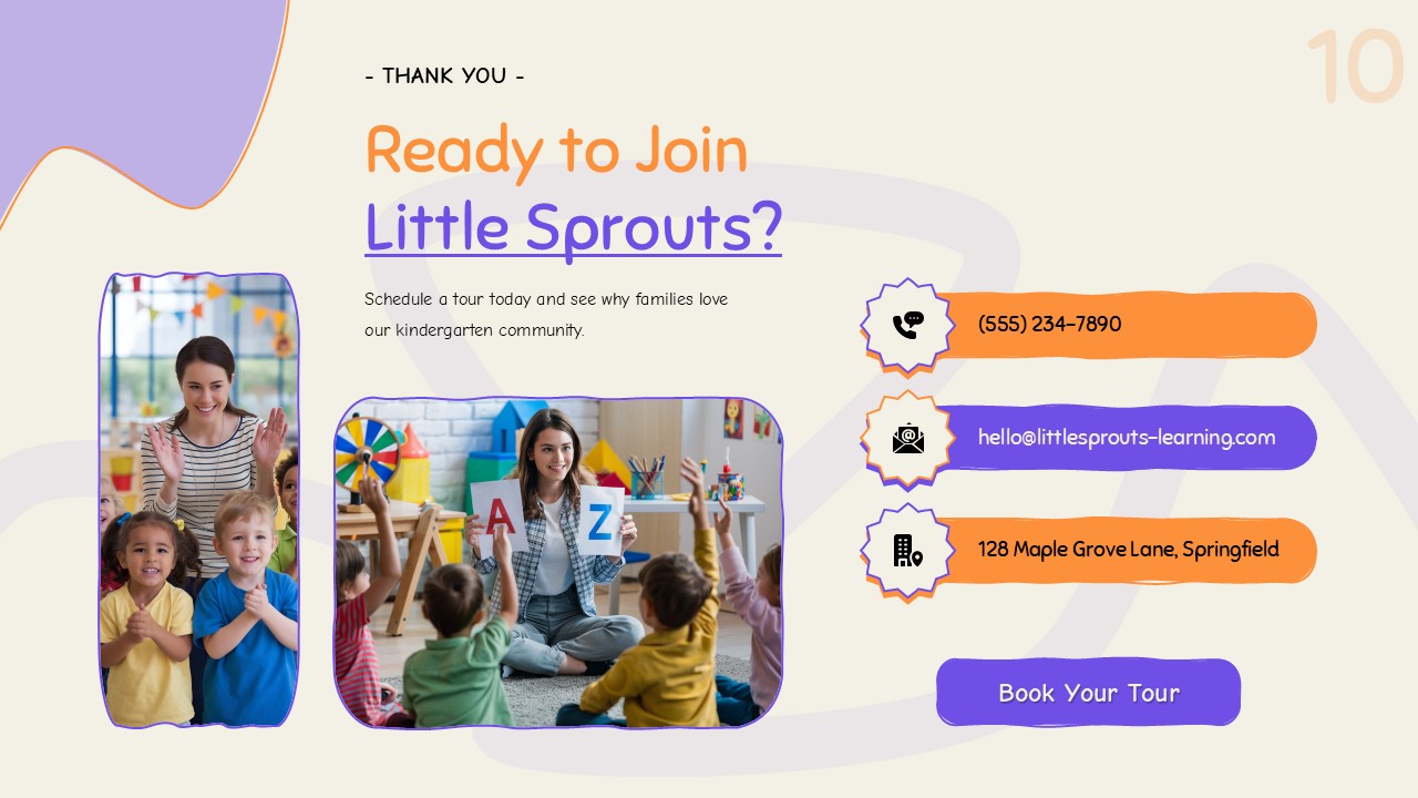 Kindergarten contact and enrollment slide with phone, email, location, tour information, and call to action.