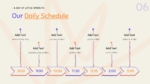 Kindergarten daily schedule slide showing classroom activities and learning times in a timeline.