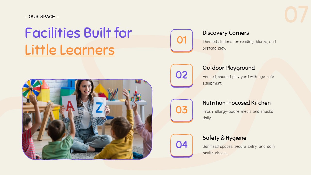 Kindergarten facilities slide featuring discovery corners, outdoor playground, nutrition, safety, and hygiene.