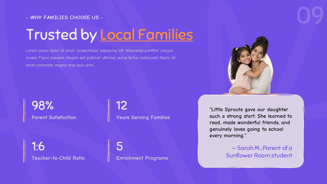 Kindergarten family trust slide featuring parent satisfaction, service statistics, teacher ratio, and testimonial.