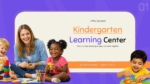 Kindergarten learning center introduction slide with children, teacher, enrollment message, and colorful presentation design