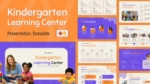 Kindergarten Learning Center presentation template with colorful slides, teachers, children, learning programs, and enrollment information.
