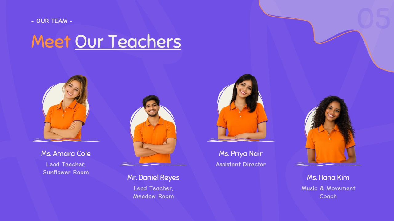 Kindergarten teacher team presentation slide with staff profiles and teaching roles