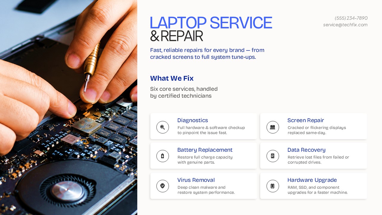 Laptop Service & Repair presentation slide featuring a technician repairing a laptop motherboard alongside six service options, including diagnostics, screen repair, battery replacement, data recovery, virus removal, and hardware upgrades.