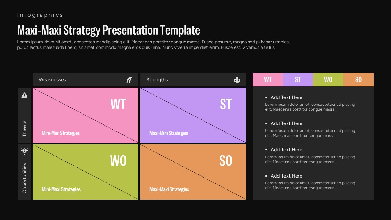 Maxi-Maxi Strategy presentation template featuring a SWOT matrix with WT, ST, WO, and SO strategy sections.