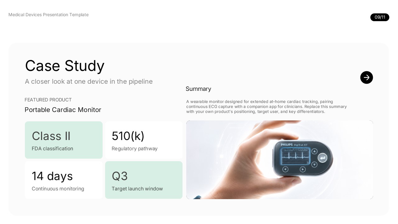 Medical device case study featuring a portable cardiac monitor, product classification, regulatory pathway, and monitoring information.