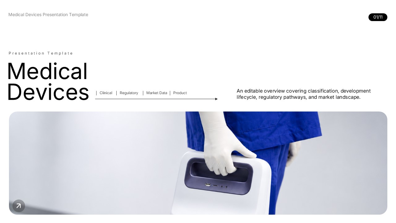 Medical Devices presentation cover showing a healthcare professional handling medical equipment.