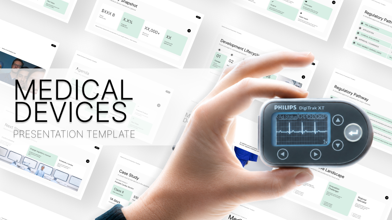 Medical Devices Presentation Template for PowerPoint and Google Slides featuring healthcare technology, product development, and medical device market slides.