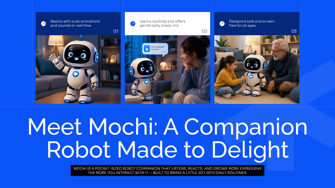 Mochi companion robot introduction slide with three product visuals