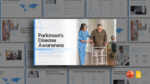 Parkinson’s Disease Awareness presentation cover with healthcare professional assisting an older patient