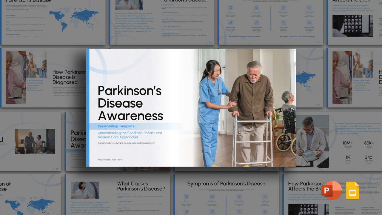 Parkinson’s Disease Awareness presentation cover with healthcare professional assisting an older patient