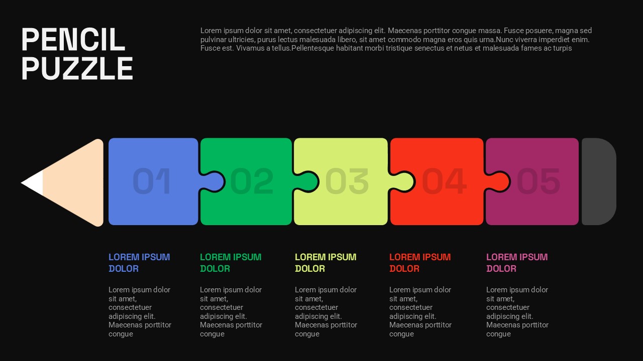 Pencil puzzle presentation template with five colorful connected sections for showing a process, workflow, or step-by-step information.