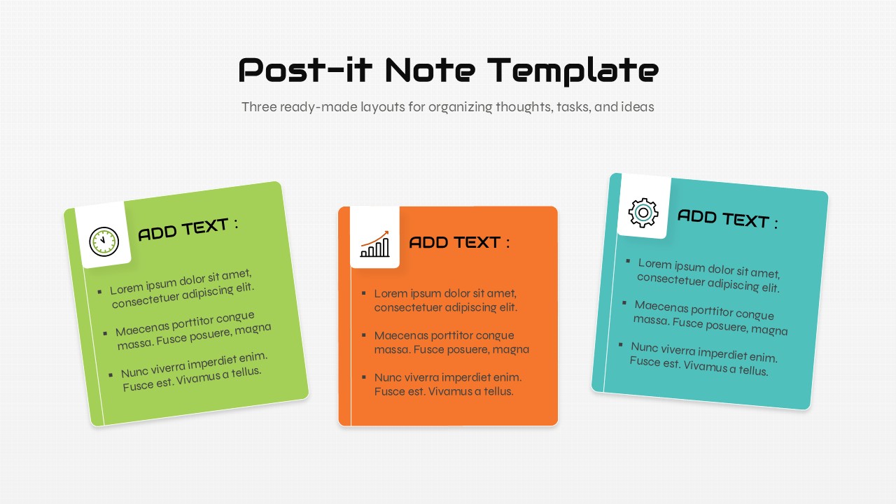 Colorful post-it note presentation template with green, orange, and teal notes for organizing ideas and tasks.
