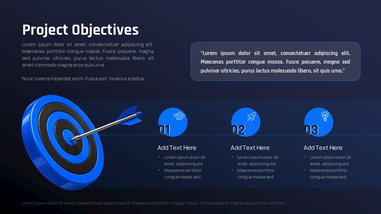Project Objectives Presentation Template showing a target and arrow with three numbered objectives on a dark blue business presentation slide.