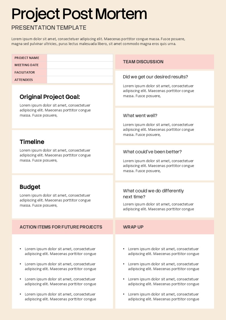 Project Post Mortem presentation slide with project goals, timeline, budget, team discussion, action items, and wrap-up sections