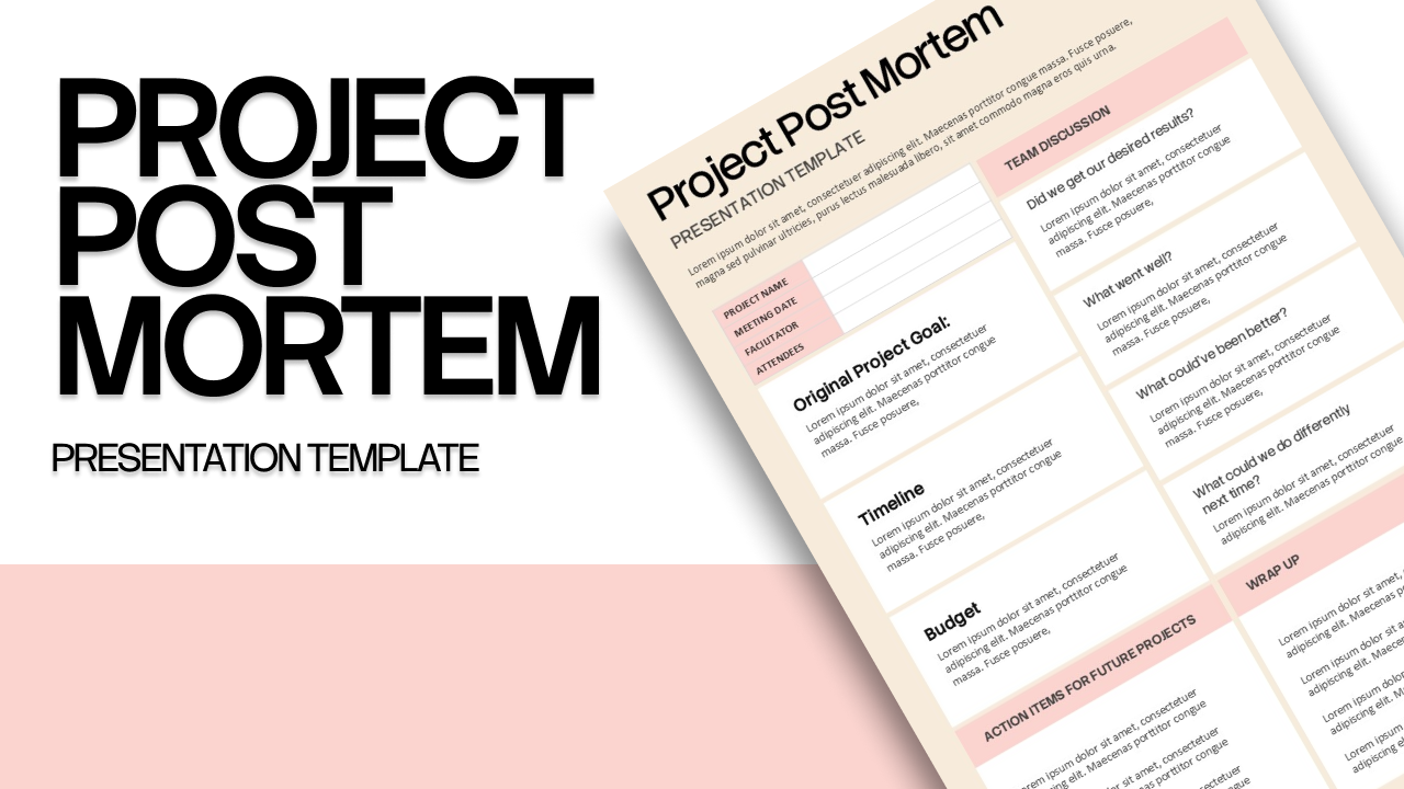 Project Post Mortem presentation template with a project review worksheet and team discussion sections