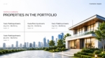 Real estate portfolio overview slide featuring property details, locations, and modern architectural imagery