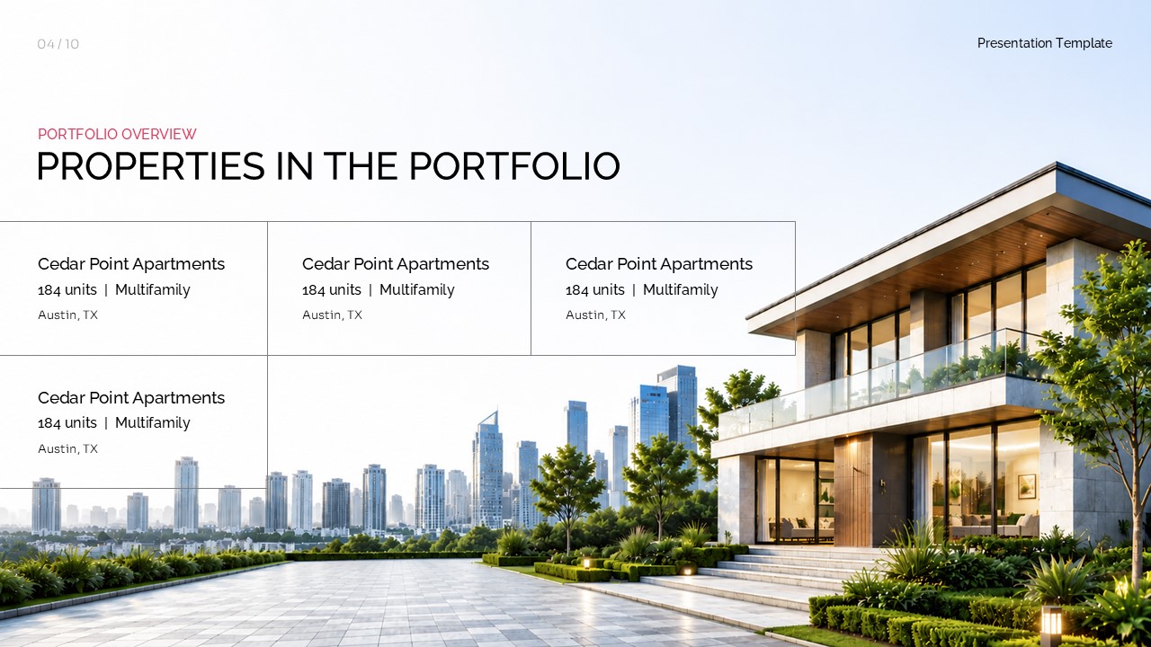 Real estate portfolio overview slide featuring property details, locations, and modern architectural imagery
