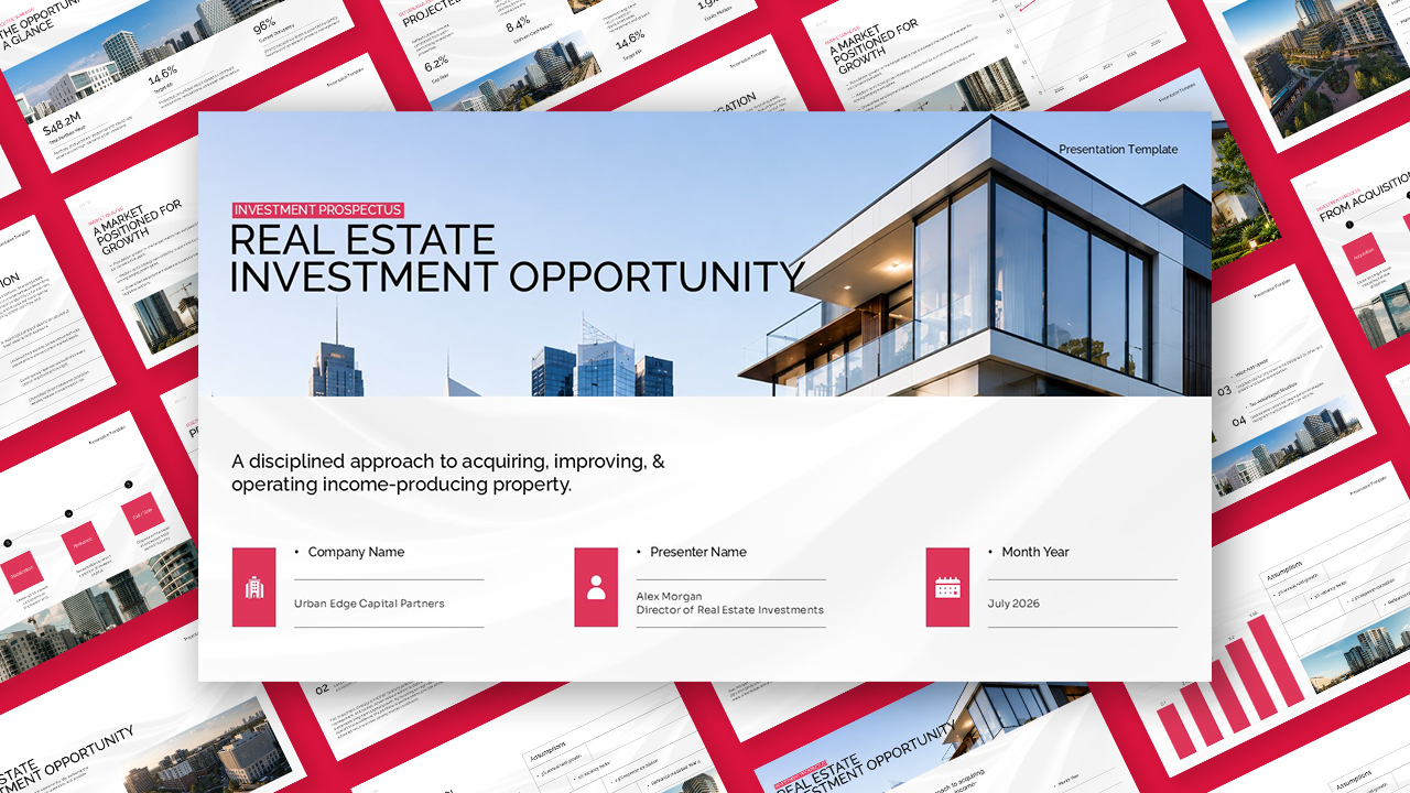 Real Estate Investment Opportunity presentation cover featuring modern property architecture and investment details