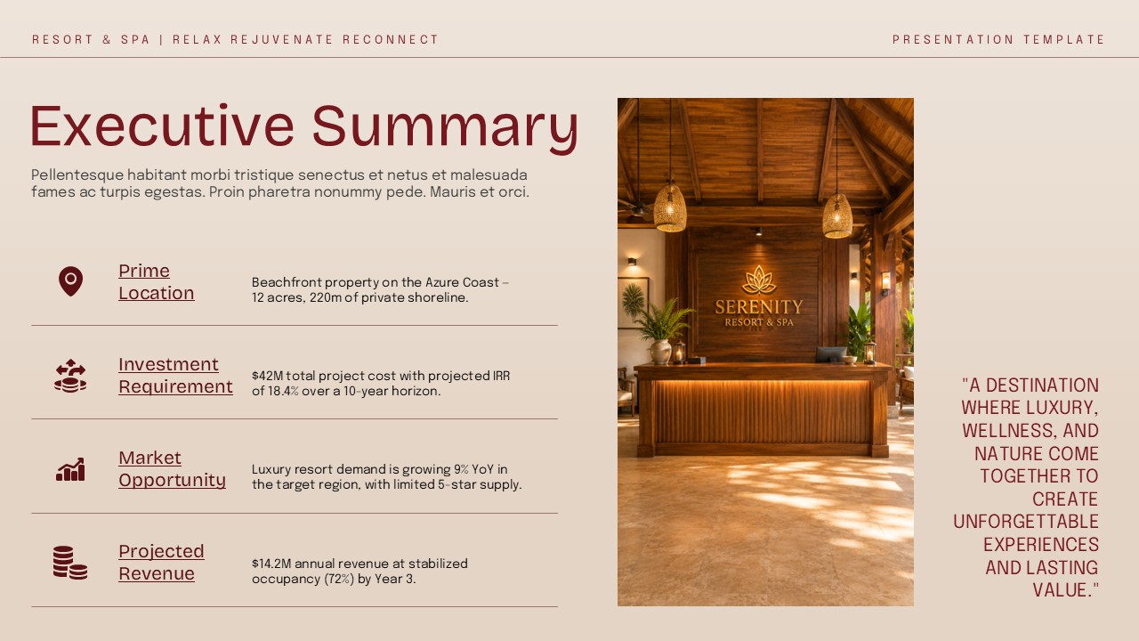 Executive summary slide presenting resort location, investment requirement, market opportunity, and projected revenue.