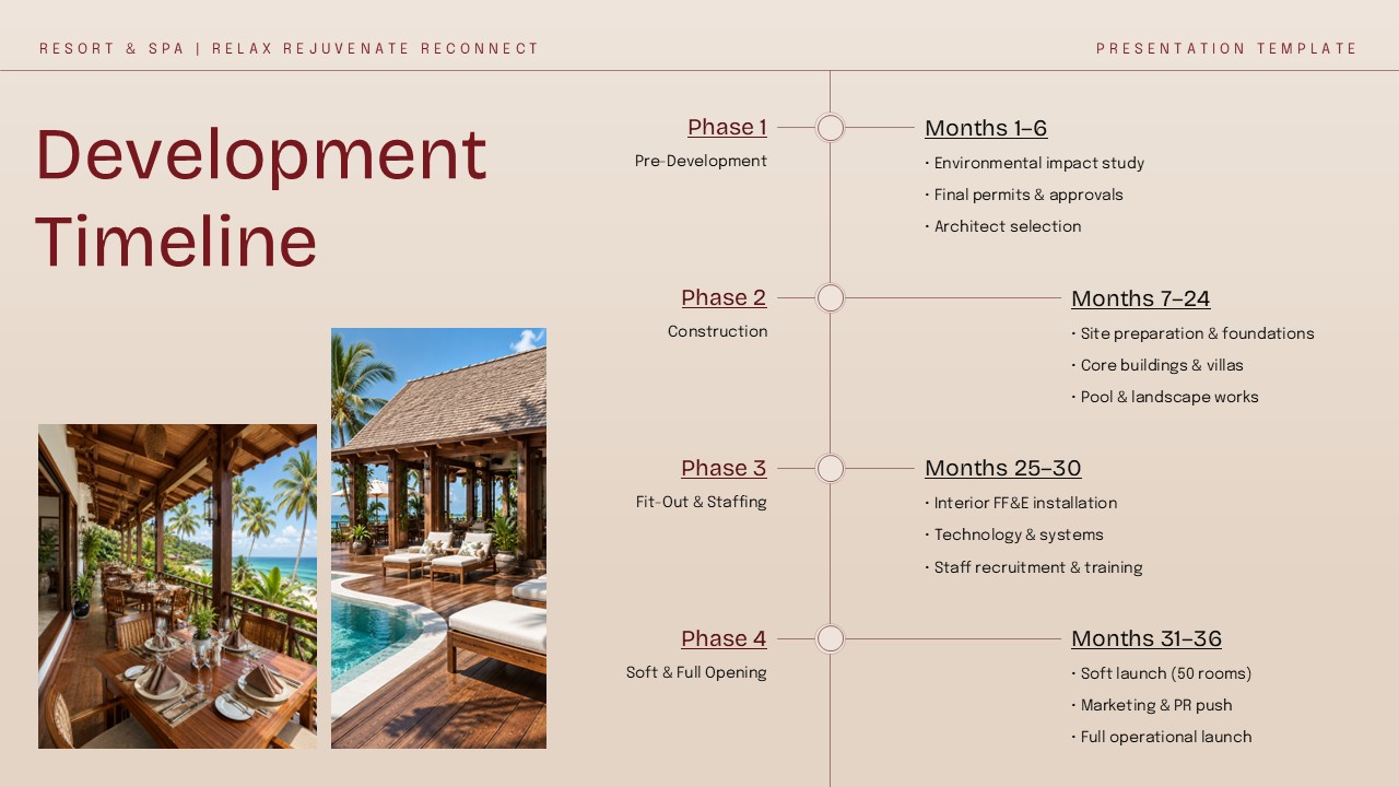 Resort development timeline showing four project phases from pre-development to full opening.