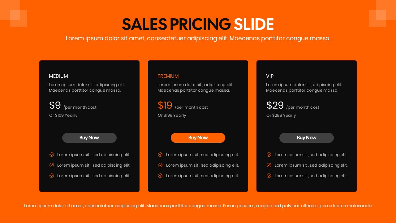 Sales pricing slide template showing three pricing plans with features and purchase buttons.