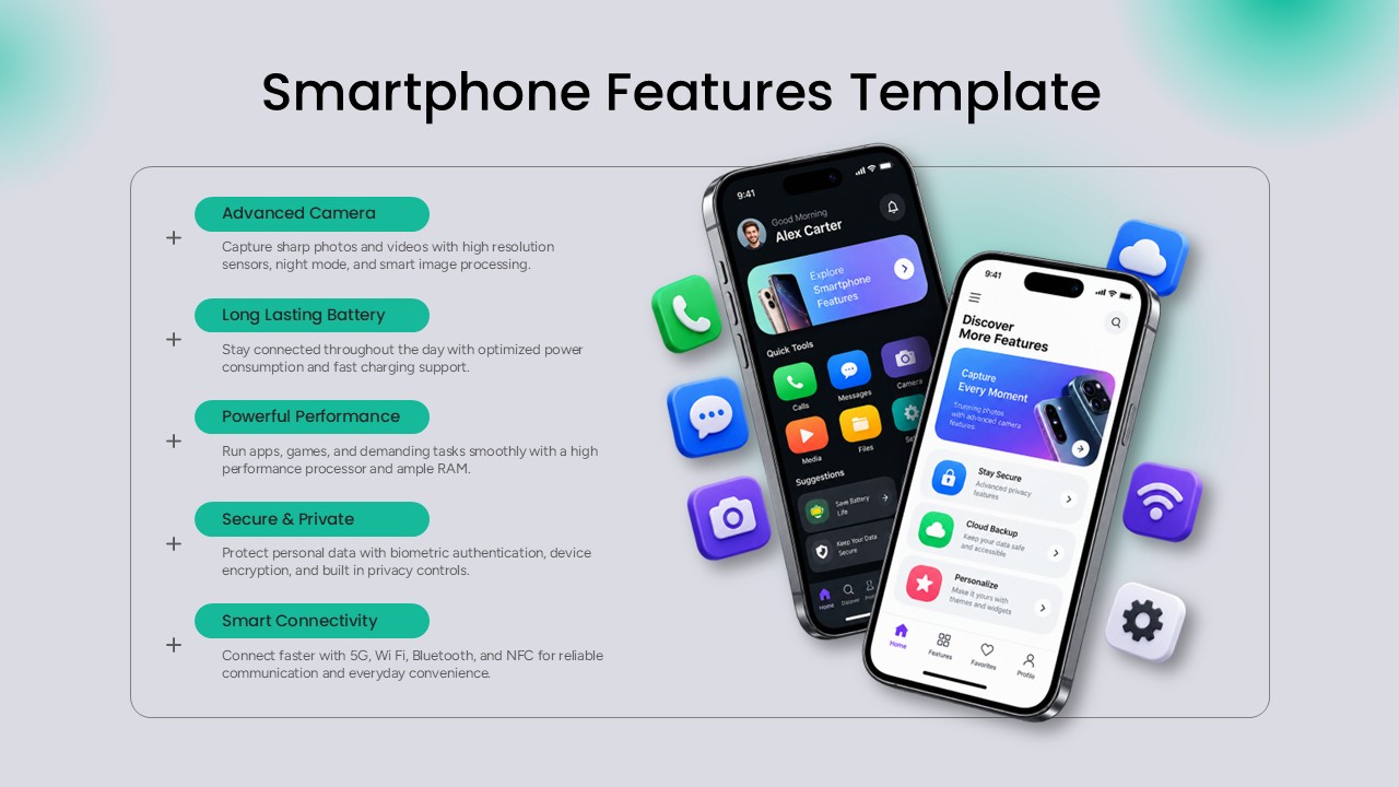 Smartphone features presentation template showing two smartphones with camera, battery, performance, security, and connectivity features