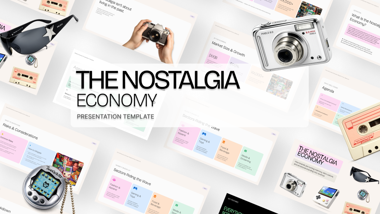 Nostalgia Economy presentation template featuring retro products, cameras, gaming devices, and cassette tapes.