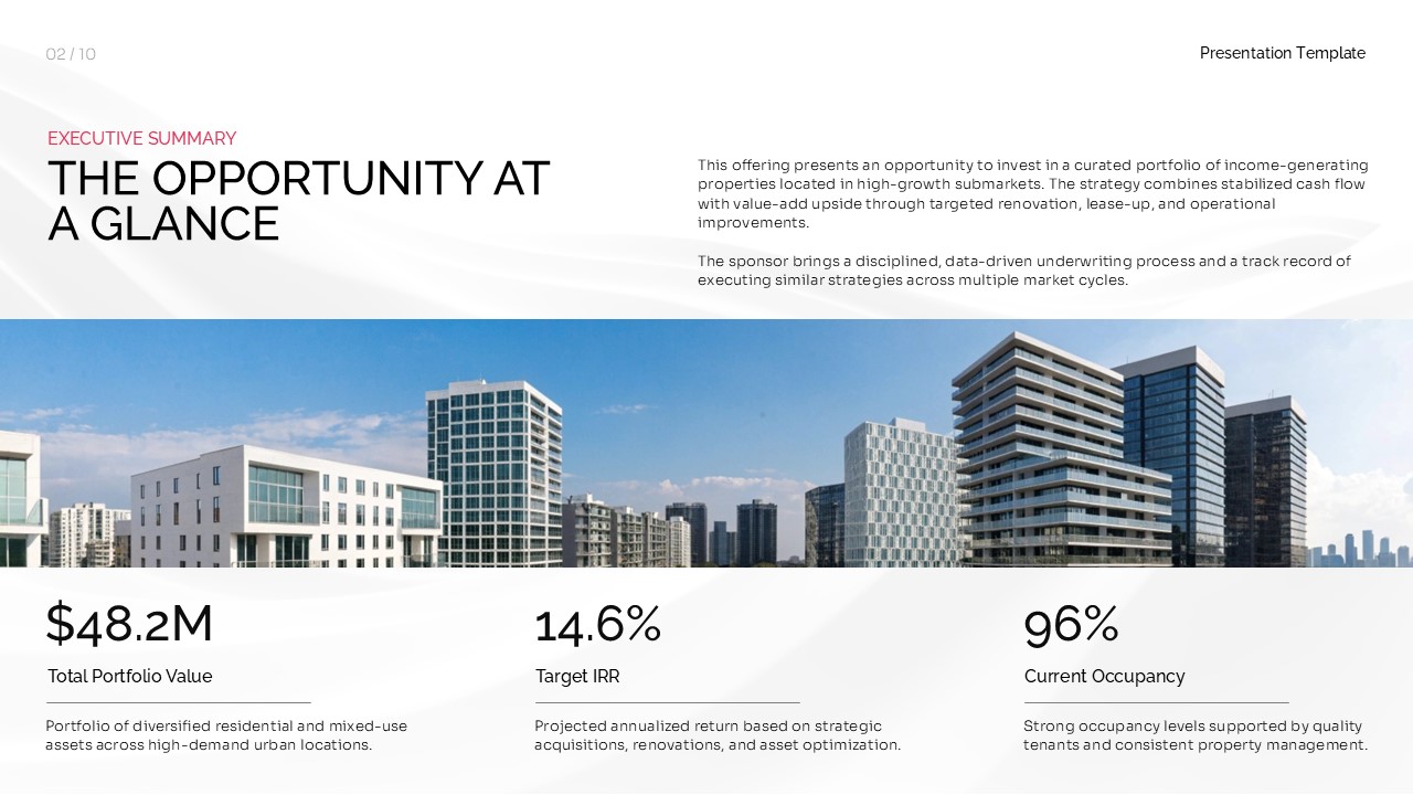Executive summary slide presenting real estate portfolio value, target IRR, and current occupancy