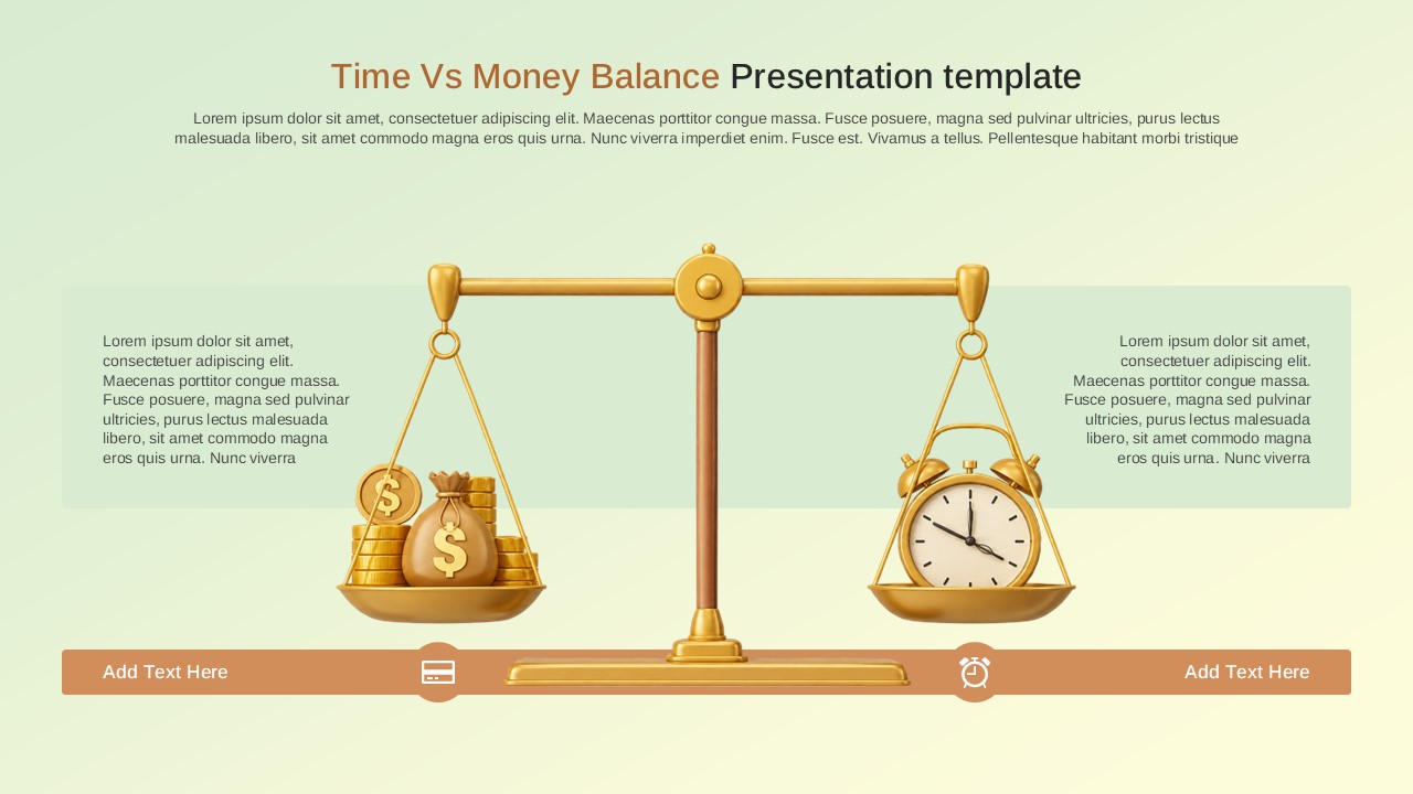 Time Vs Money Balance presentation showing a gold balance scale comparing money and time with editable content areas.